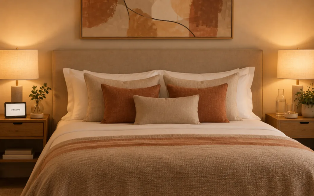 A discreet in-room surface in a luxury hotel room.